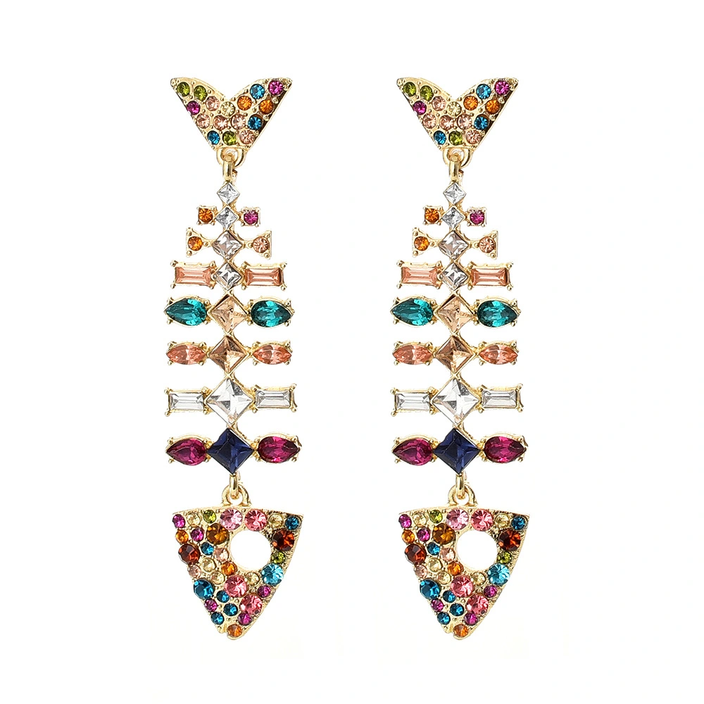 Color Crystal Fish Bone Long Earrings With Diamonds