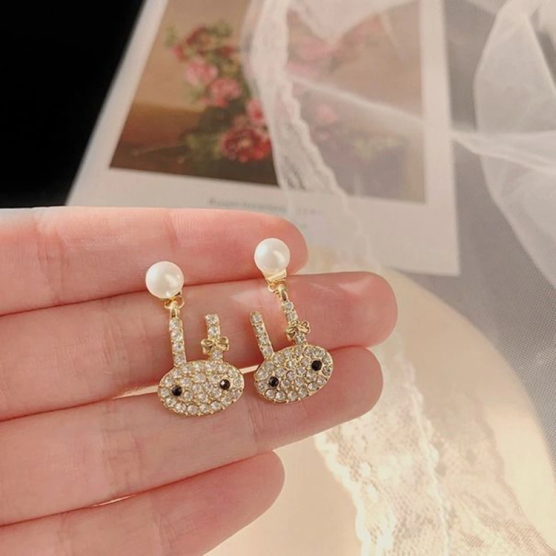 925 Silver Needle Full Drill Earnails Pearl Cute Personality Girl Heart Rabbit