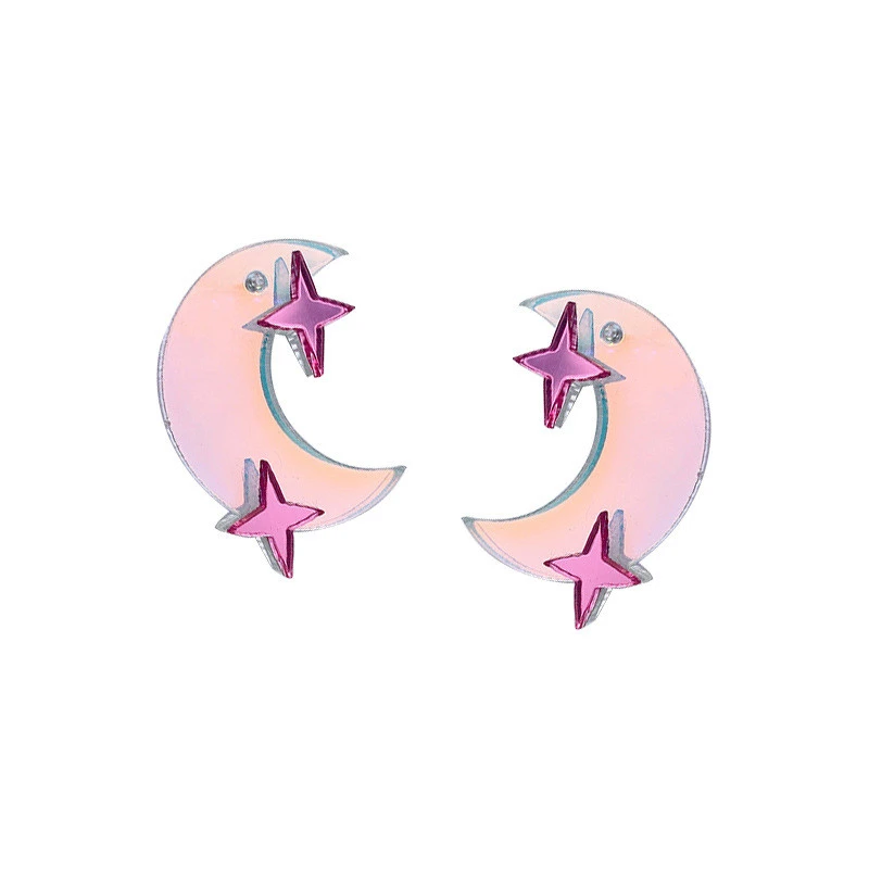 Colorful Mirror Moon Star Stud Earrings