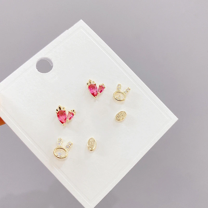 Earrings S925 Silver Needle Korean Version Of The Peach Heart Rabbit Three Pairs Of Micro-inlaid Zircon Earrings