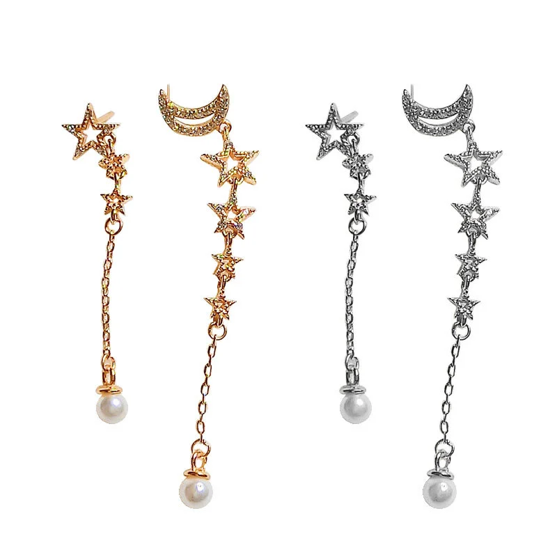 Asymmetric CZ Cresent Moon Stars Shell Pearl 925 Sterling Silver Dangling Earrings