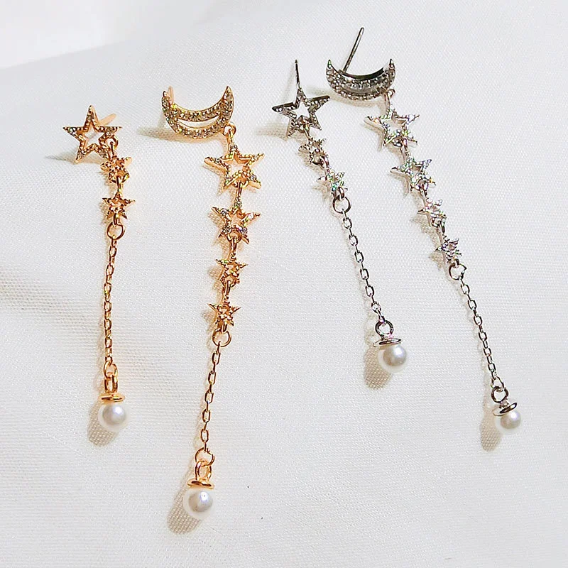 Asymmetric CZ Cresent Moon Stars Shell Pearl 925 Sterling Silver Dangling Earrings