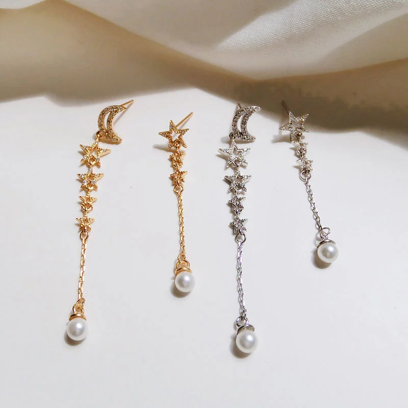 Asymmetric CZ Cresent Moon Stars Shell Pearl 925 Sterling Silver Dangling Earrings