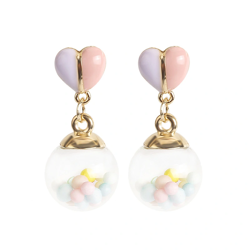 Candy Color Crystal Glass Ball Love Heart Dripping Oil Bubble Earrings