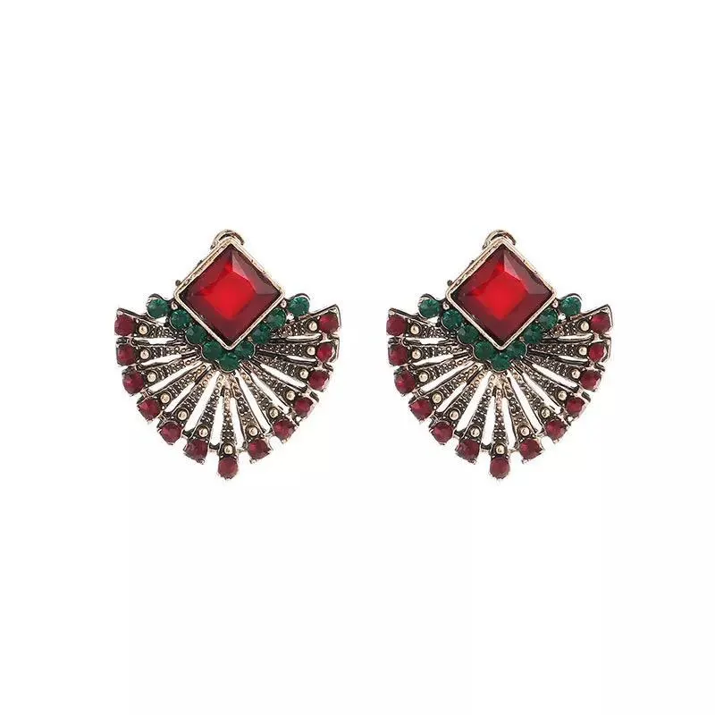 Retro Bohemian Ethnic Ruby Stud Earrings Explosive Fan Shape