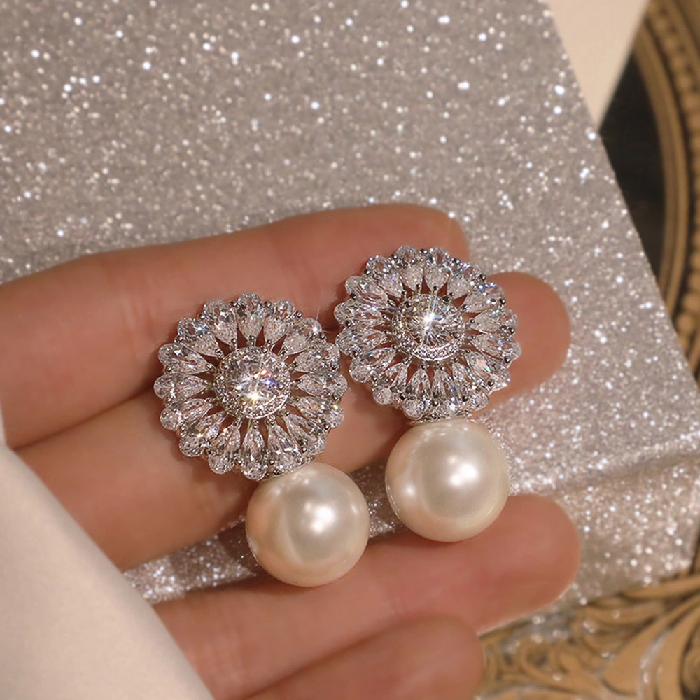 Beautiful Flower Pearl Zircon Ladies Earrings