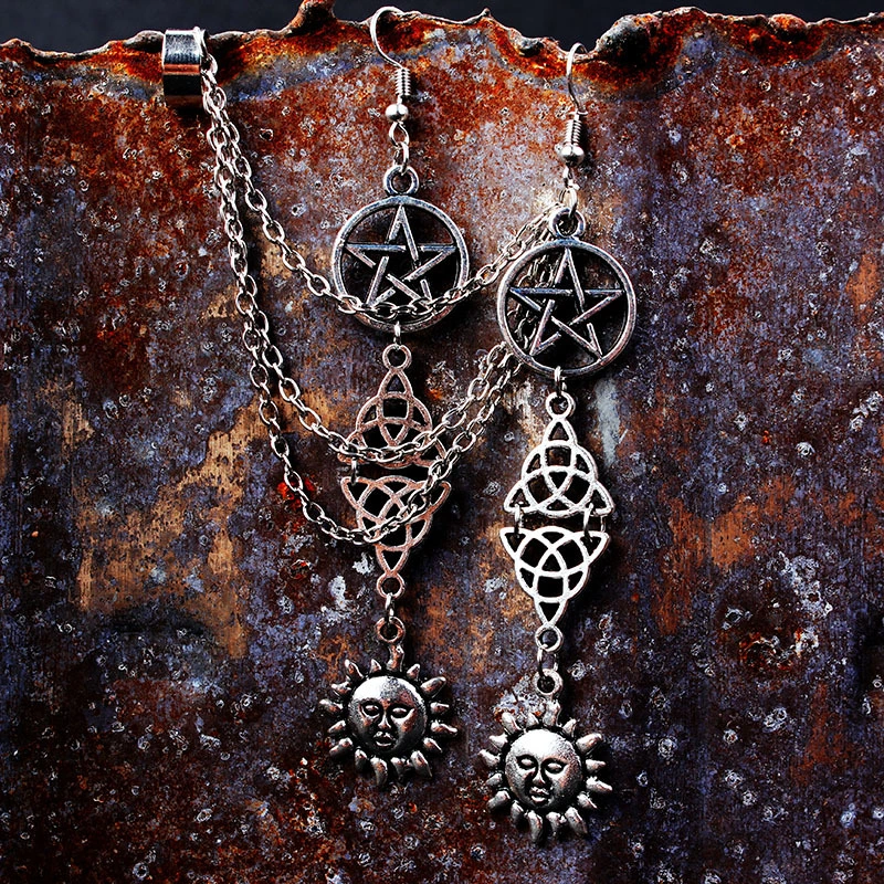 Retro Style Pentagram Summons The Sun And Moon Ocean System Tassel Earrings