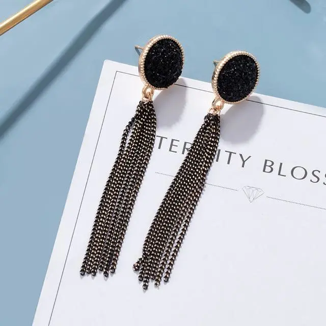 Female Trendy Black Diamond Tassel Personality Wild Long Earrings Jewelry