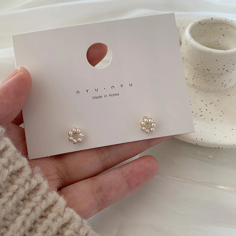 Silver Post Mini Pearl Geometric Circle Stud Earrings