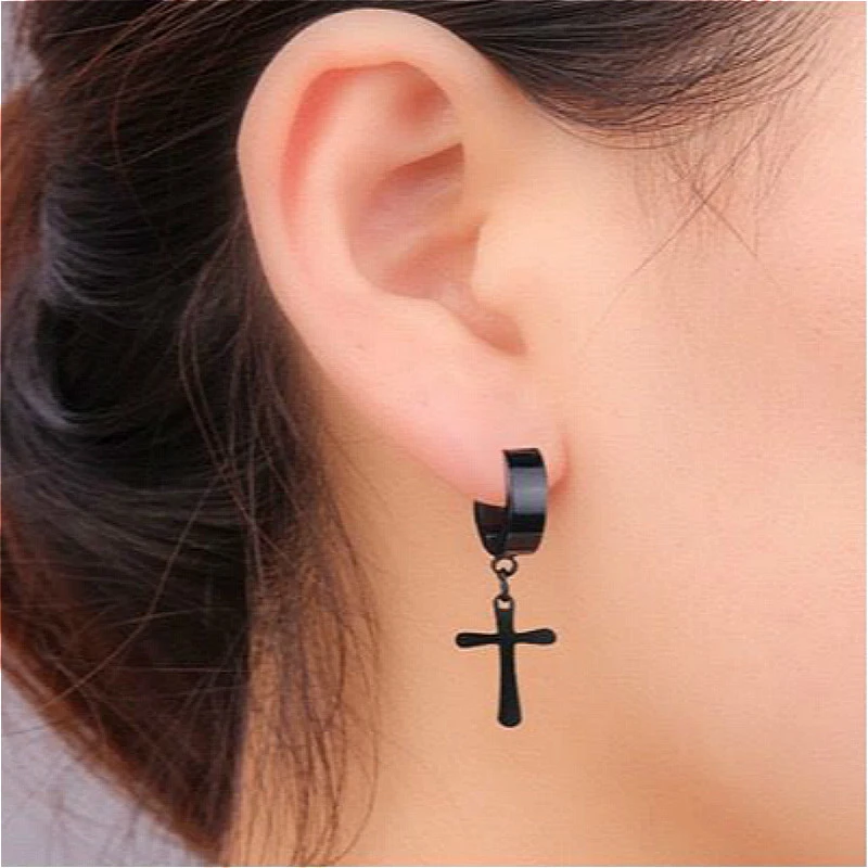 Men And Women Cool Trend Cross Titanium Steel Earrings