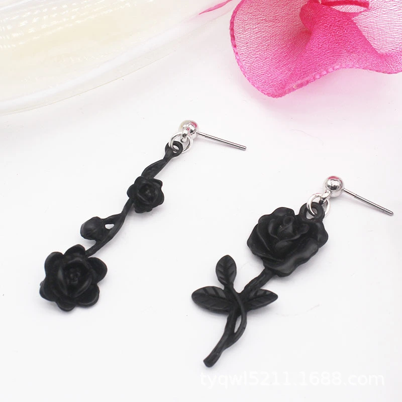 Dark Gothic Style Black Wild Rose Stud Earrings