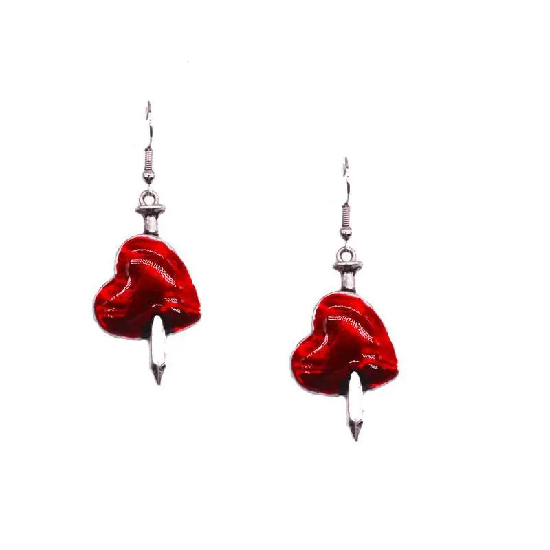 Diablo Goth Jewelry Wounded Heart Red Oil Drop Earrings