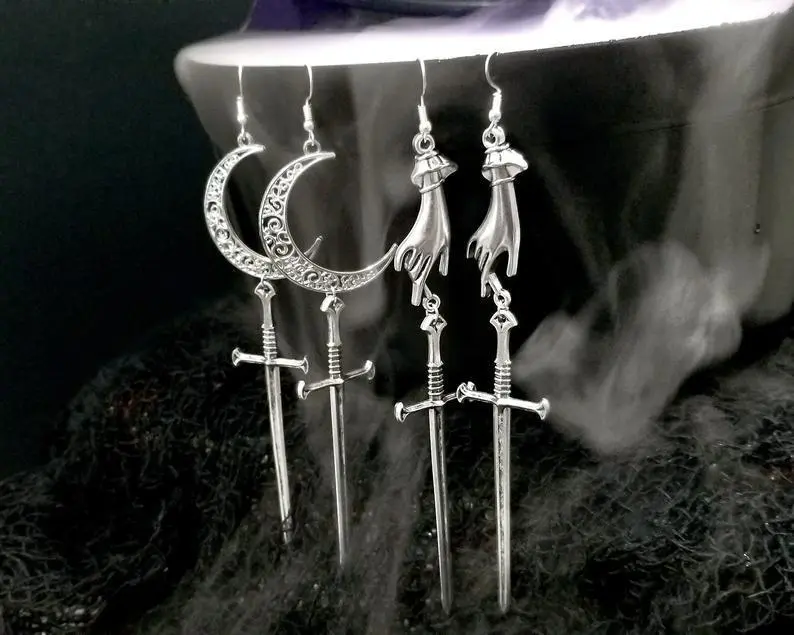 Hollow Moon  Witch Gothic Long Sword Halloween Earrings