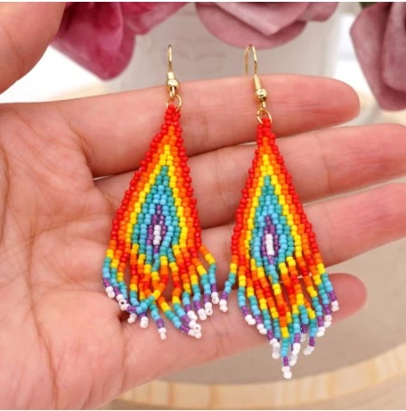 Hand Made Rainbow Beaded Long Tassel Ear Jewelry