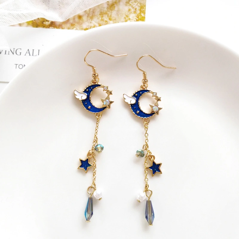 Angel Wings Moon Long Earrings Temperament Pearl Pentagonal