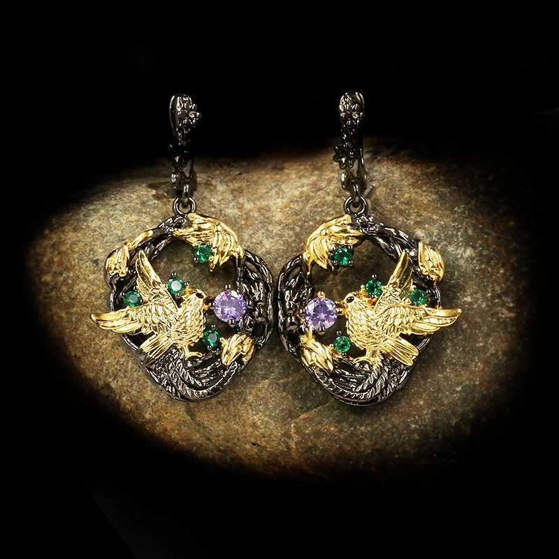 Magpie Black Gold Stud Earrings With Colored Stones And Diamonds