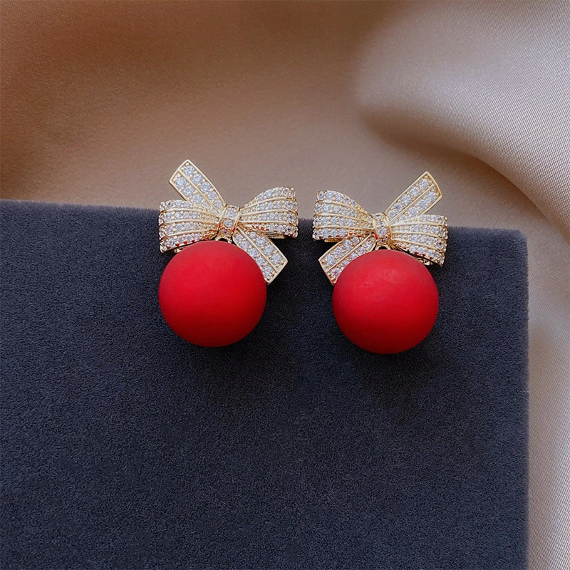 Female Bowknot Pearl Earrings Temperament Christmas