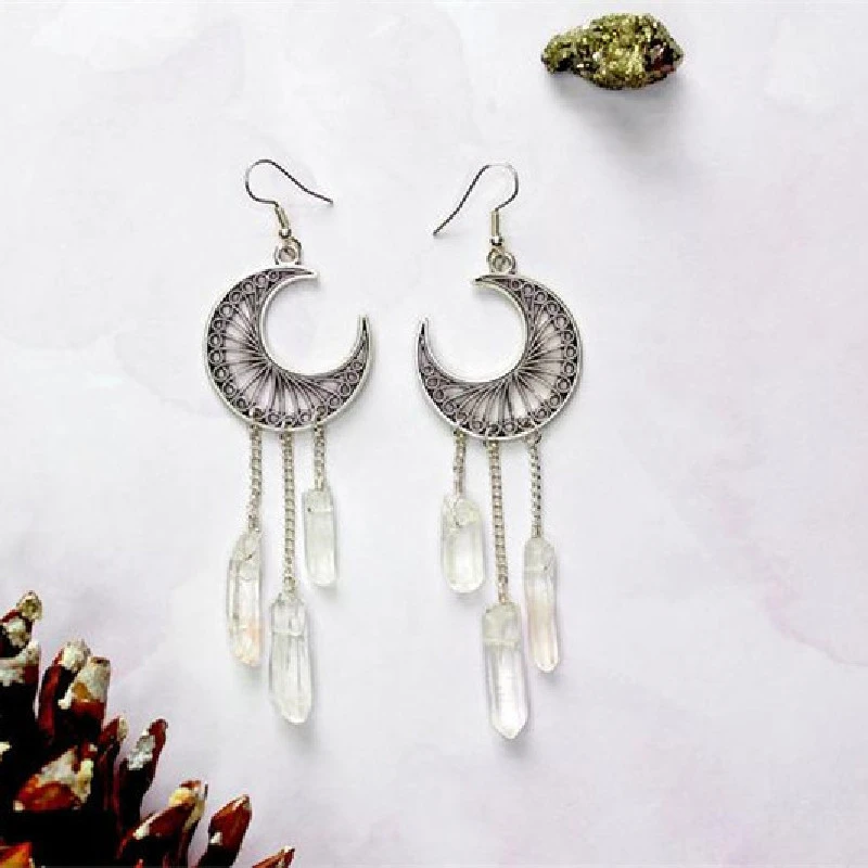 Popular Crystal Rhinestone Moon Tassel Ear Hook Earrings