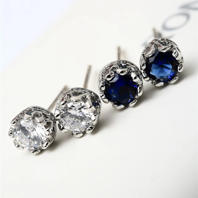 Pair Of Zircon Faux Sapphire Crown Earrings- Blue