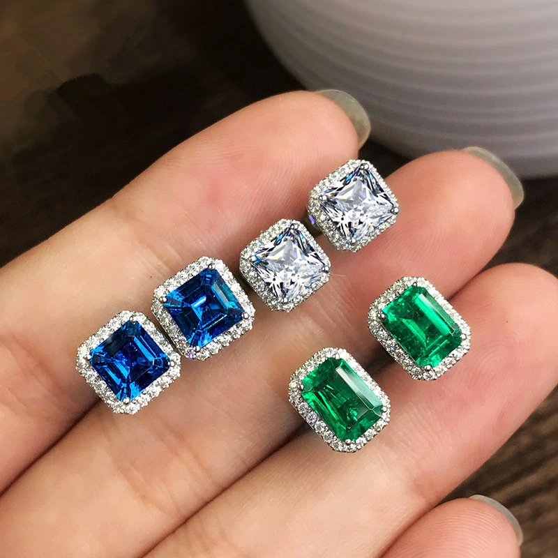 Exquisite Square Ladies Full Diamond Inlaid Green Zircon Earrings