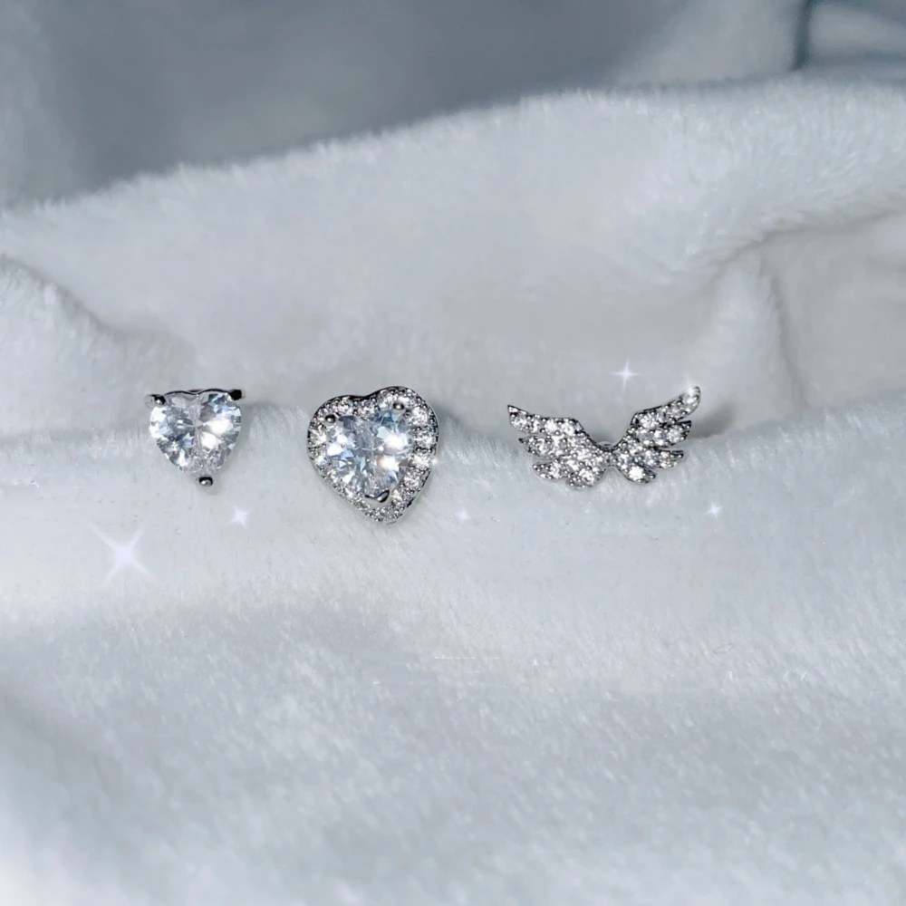 Small Wing Ear Bone Nail Love Heart Zircon Earrings