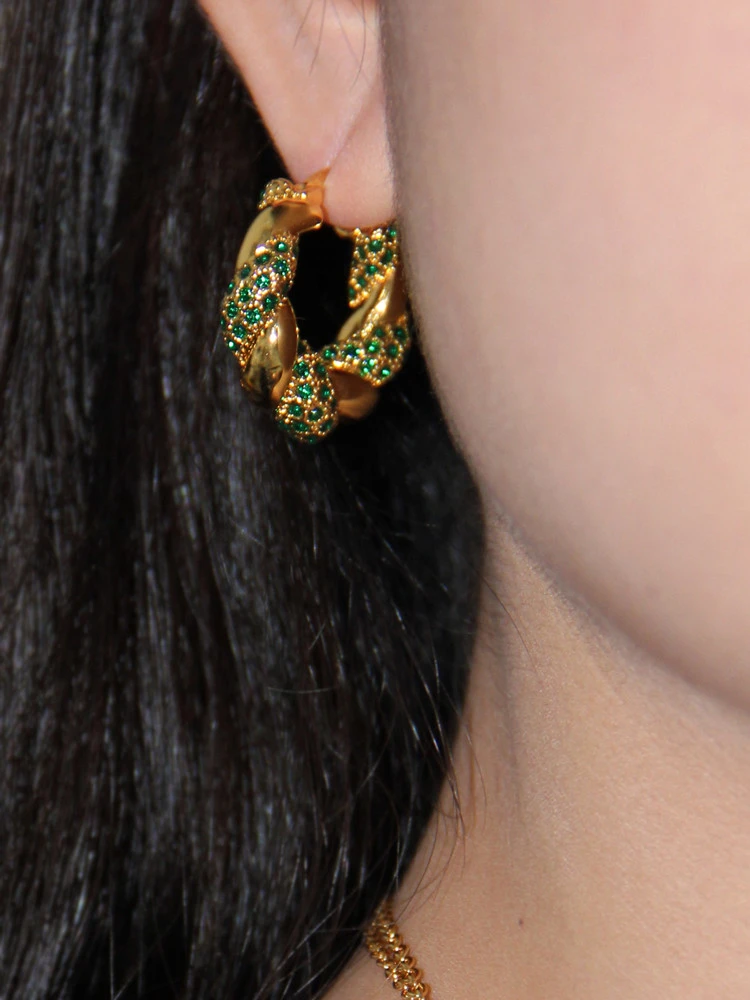 Twisted Twist Inlaid With Rhinestones And Gold-plated Green Circle Earrings