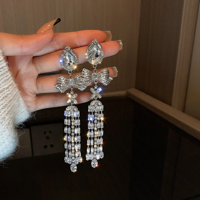 925 Silver Needle Diamond Bow Tassel Earrings