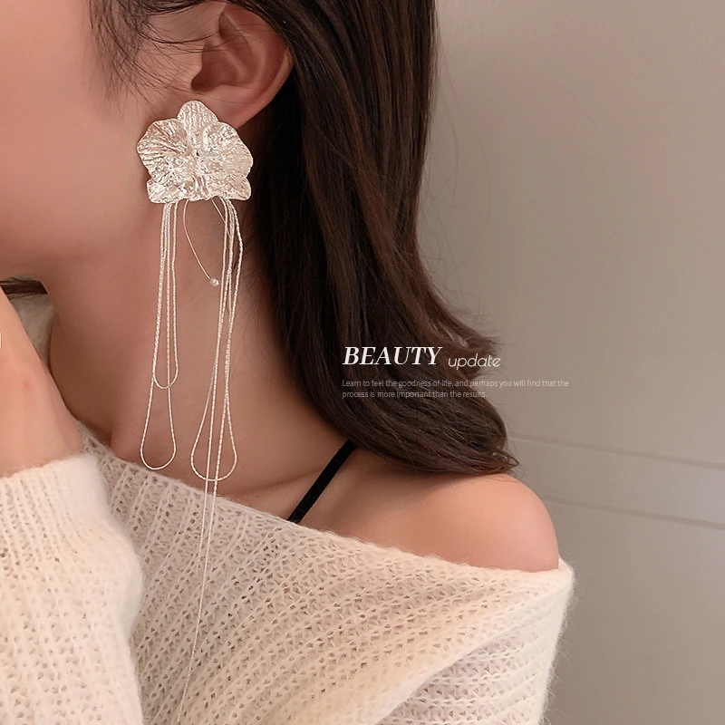 Silver Needle Butterfly Flower Super Long Tassel Earrings