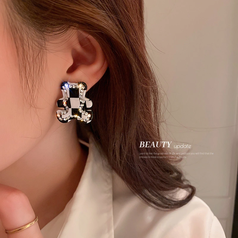 925 Silver Needle Acrylic Checkerboard Bear Earrings Female