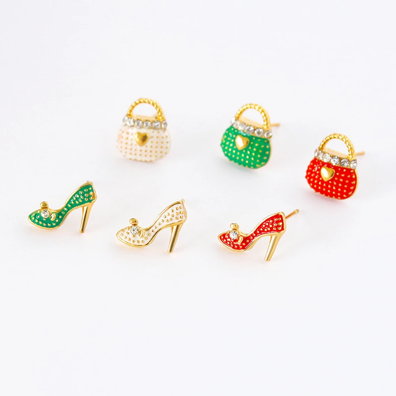 All-match Bag High Heels Asymmetrical Diamond Earrings