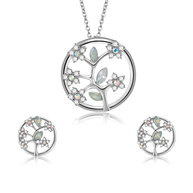 Simple Tree-shaped Alloy Diamond Necklace And Earrings Two-piece Set