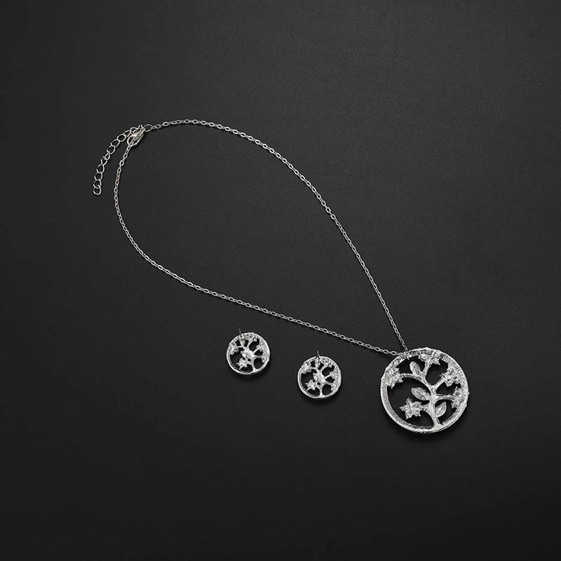 Simple Tree-shaped Alloy Diamond Necklace And Earrings Two-piece Set