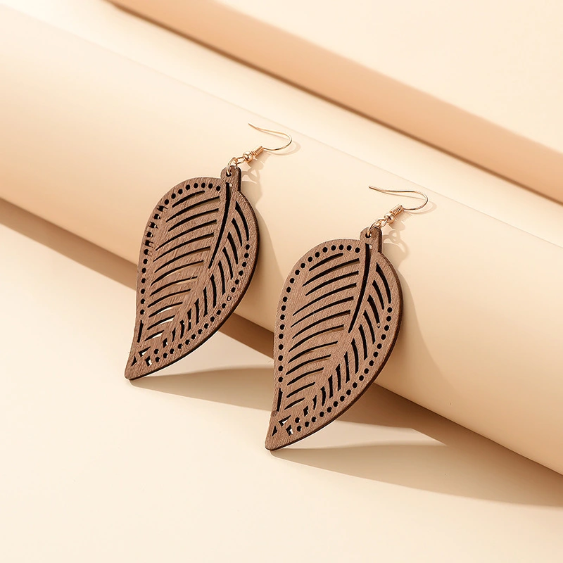 Wood Earrings Hollow Leaf Shape Exaggerated Sweet