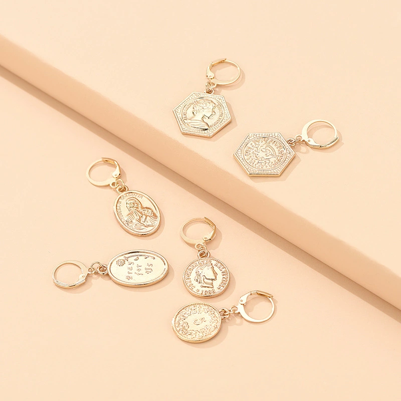 Set Of 3 Earrin Leaf Shape Earrings Coins Embossed