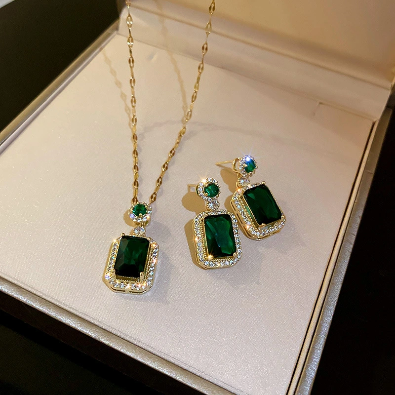 925 Silver Needle Zircon Emerald Crystal Earrings Necklace Set Clavicle Chain