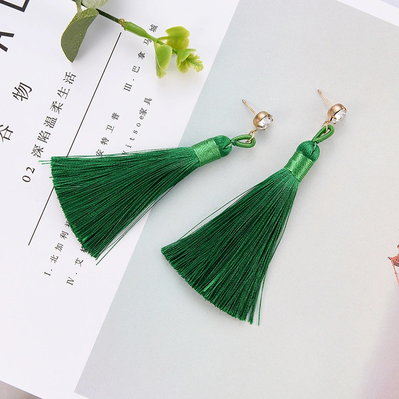 Rhinestone  Female Long Green Tassel Personalized Earrings