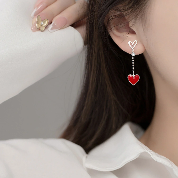 Red Epoxy Asymmetric Love Stud Earrings Simple