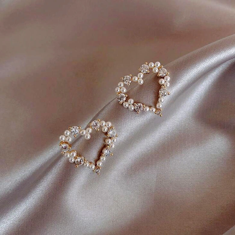 Love Half Hollow Pearl Rhinestone Stud Earrings