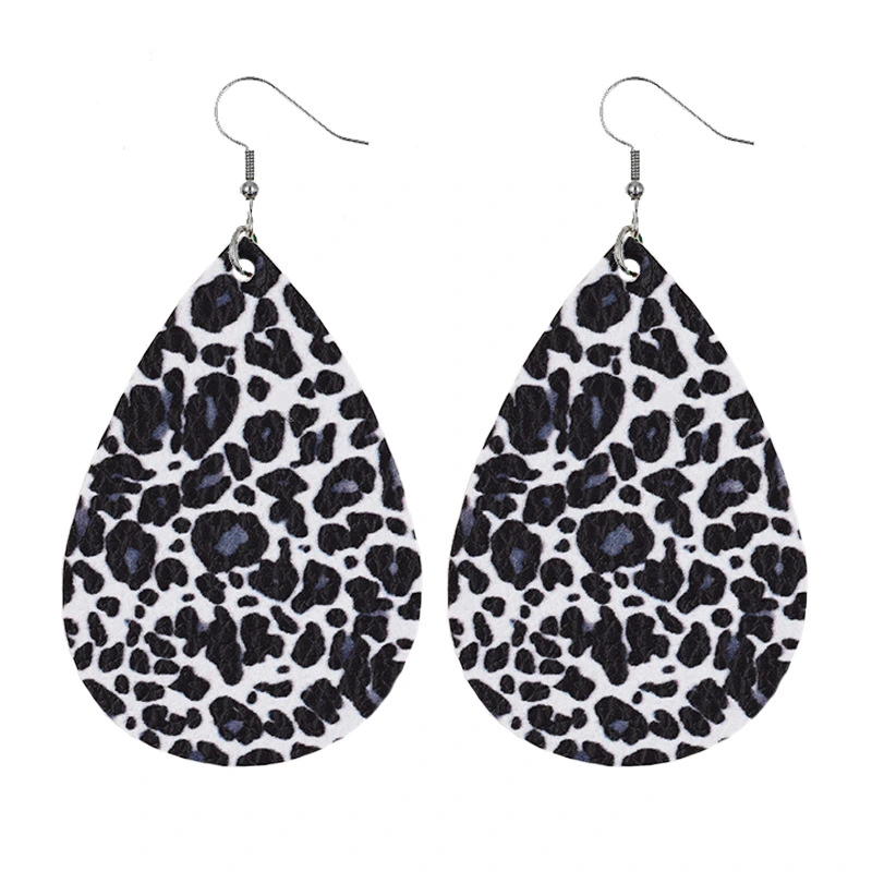 Leather Earrings With Drop-shaped Leopard Print On Both Sides