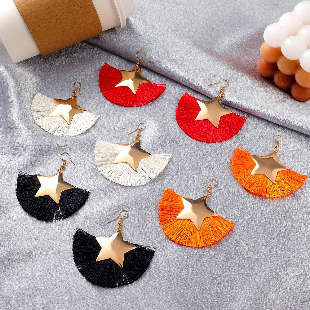 Bohemian Metal Fan-shaped Tassel Earrings Fashion