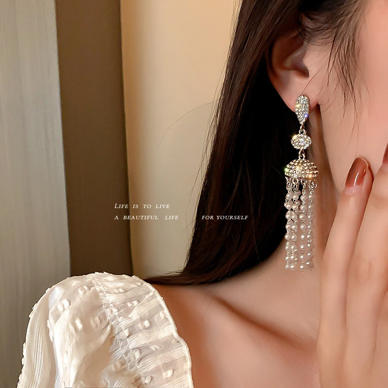 925 Silver Needle Diamond Pearl Tassel Earrings