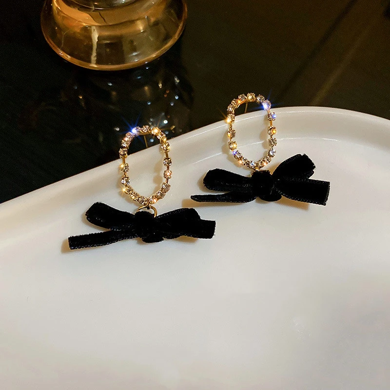 925 Silver Needle Velvet Bow Earrings Diamond Oval