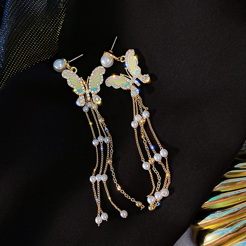 Silver Needle Diamond Butterfly Long Pearl Tassel Earrings