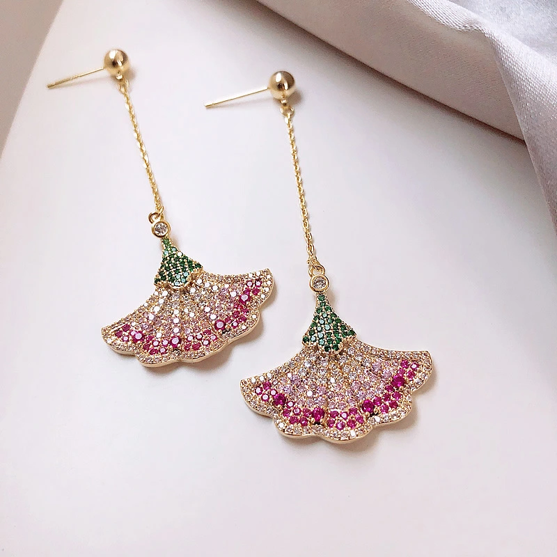 Real Gold Plating 925 Silver Needle Heavy Industry Micro Inlaid Color Diamond Long Earrings