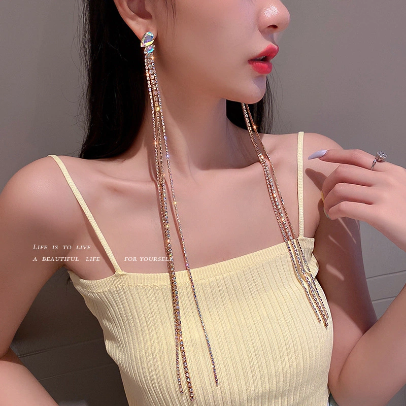 Silver Needle Diamond Tassel Earrings Retro Exaggerated Long Style