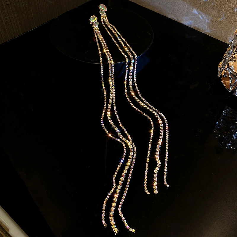 Silver Needle Diamond Tassel Earrings Retro Exaggerated Long Style