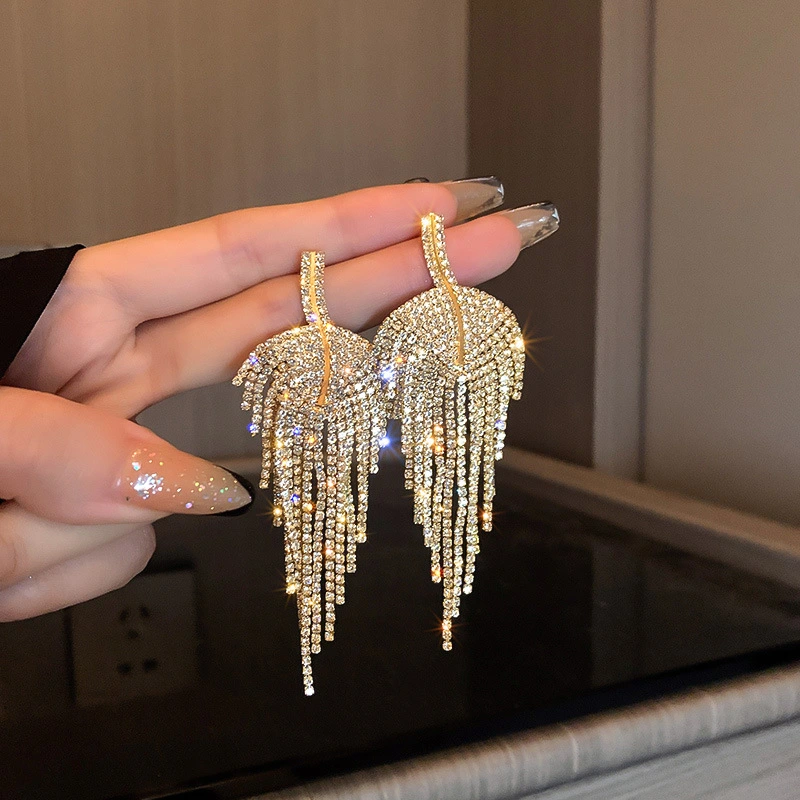 Silver Needle Diamond Leaf Tassel Earrings Fashion