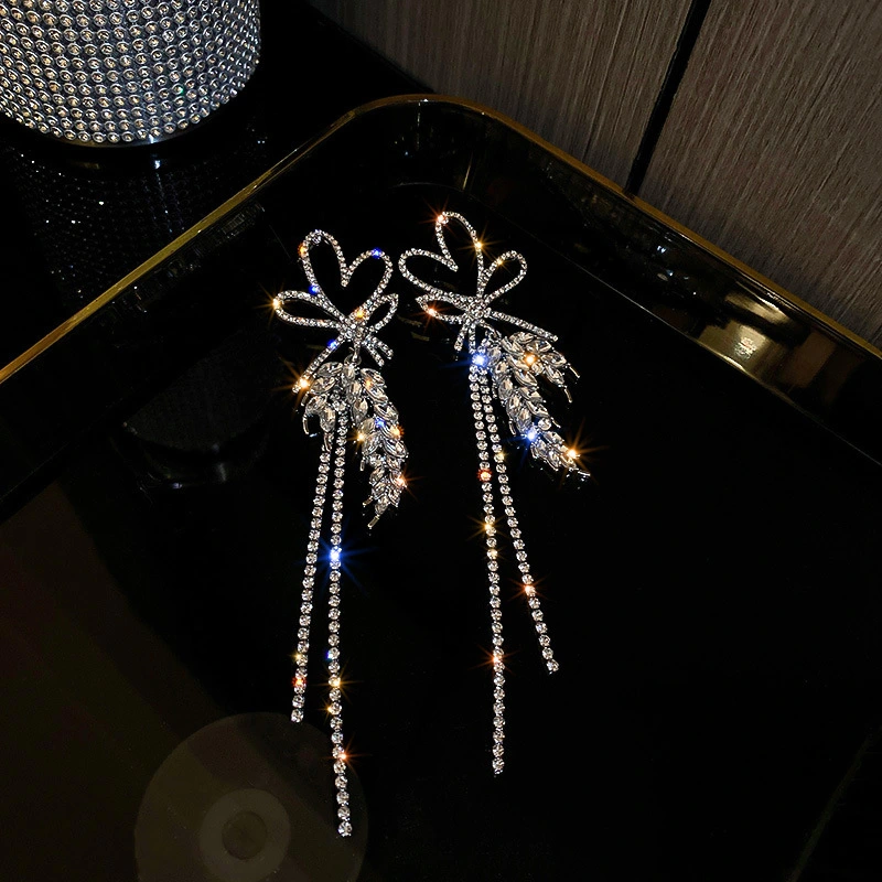 Silver Needle Diamond Love Wheat Ears Bowknot Tassel Earrings