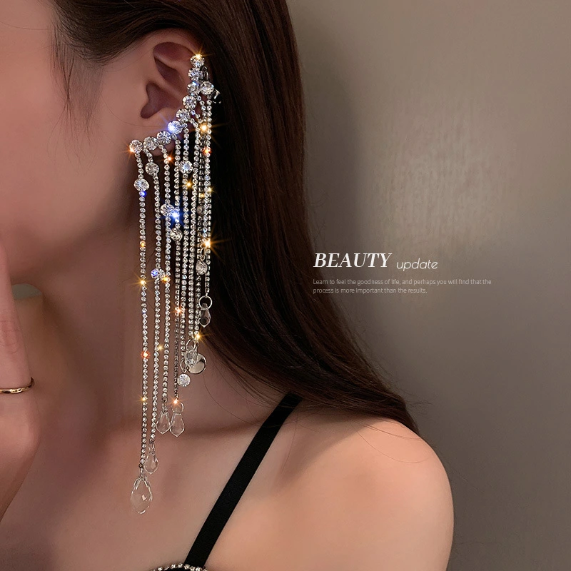 Silver Pin With Diamonds And Crystal Tassel Asymmetric Earrings Exaggerated