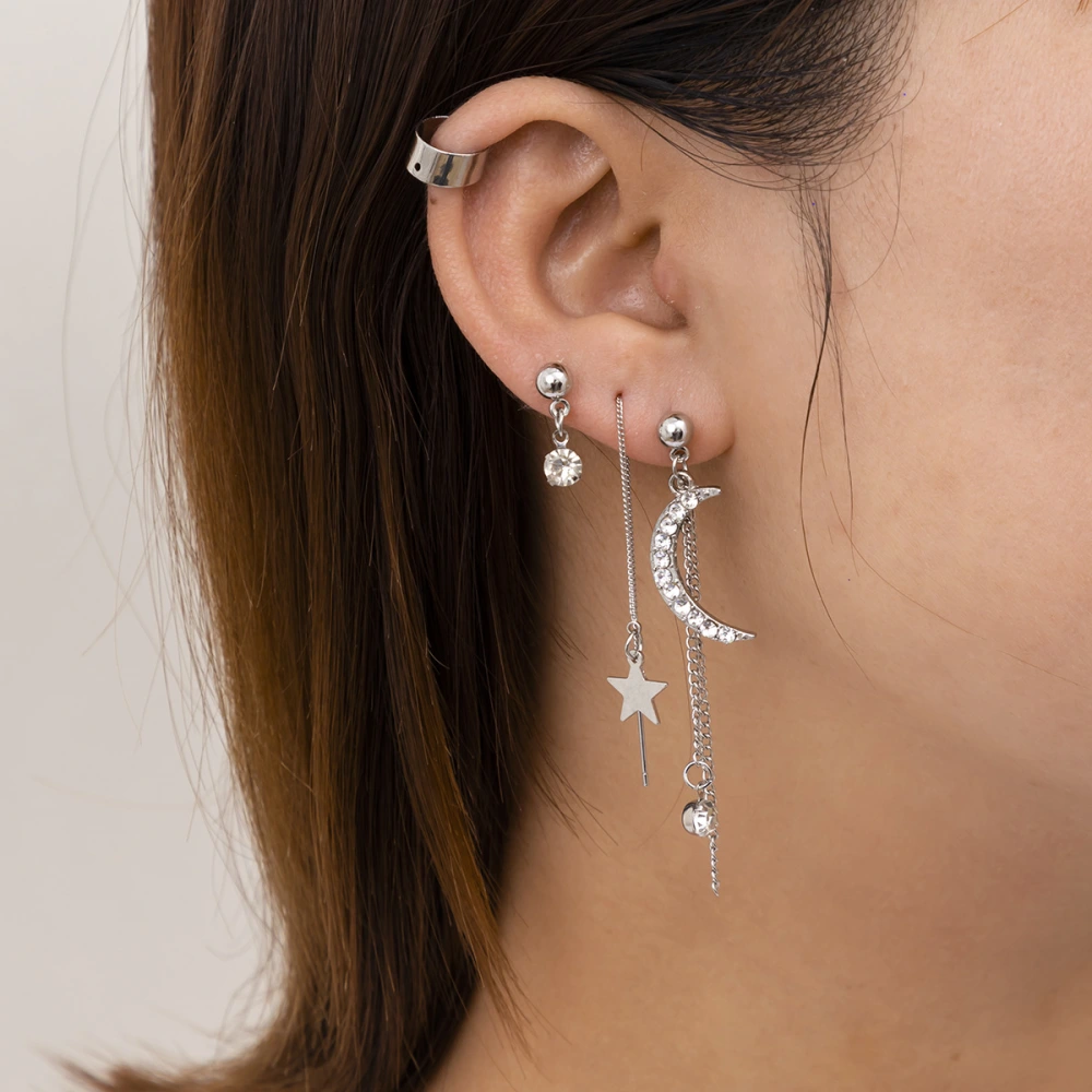 Simple Temperament Cold Wind Slightly Inlaid Star And Moon Tassel Earrings